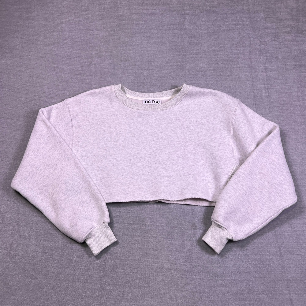 TIC TOC Cropped Raw Hem Crew Neck Sweatshirt Womens Size S Heather Gray Fleece